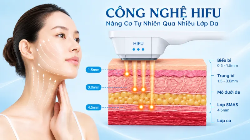 Sóng siêu âm đi sâu vào lớp hạ bì hoặc lớp cơ dưới da (lớp SMAS)