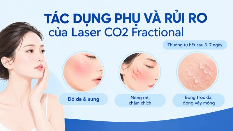 T&aacute;c dụng phụ thường gặp của Laser CO2 Fractional gồm đỏ da, sưng v&agrave; đ&oacute;ng vảy bong tr&oacute;c tạm thời