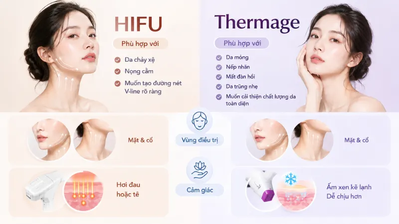 Hifu nâng cơ, giảm chảy xệ trong khi Thermage cải thiện độ đàn hồi, nếp nhăn